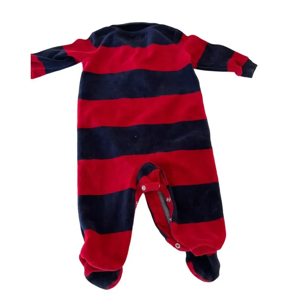 Ralph Lauren Navy Blue Red Striped Velour Onesie Romper Sleeper Size 6 Months